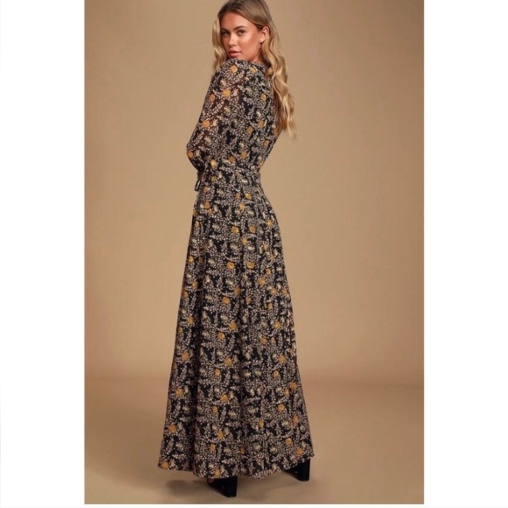 Lulus Meet Me There Black Multi Floral Print Wrap Maxi Dress Medium - Picture 3 of 10
